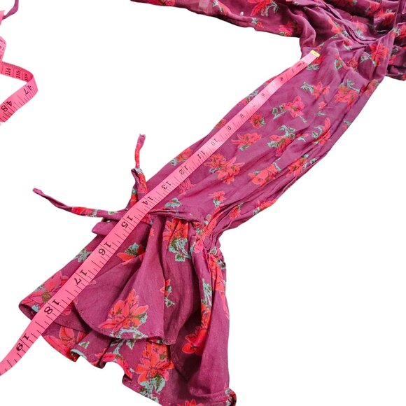 Floral Wrap Ruffle Blouse V-Neck Long Sleeve Sheer Tie Waist Women's Top Size S - Picture 5 of 14